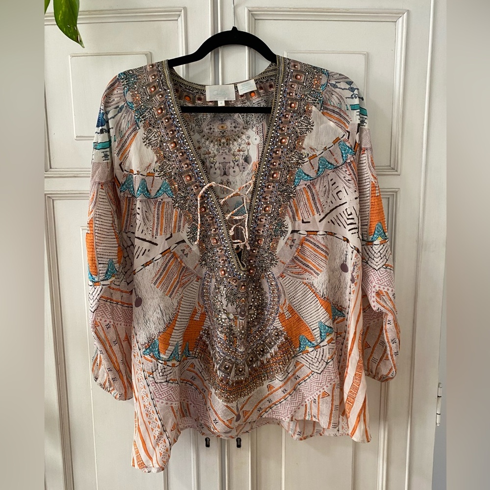 Camilla, multicolor printed silk and beaded blouse